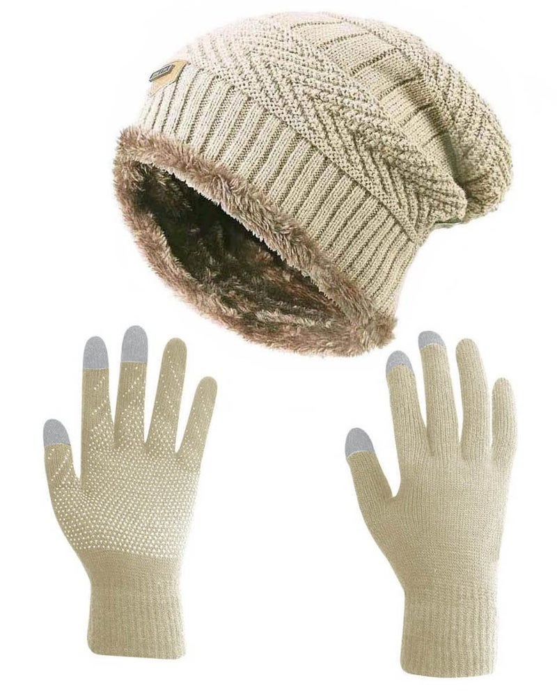 HINDAWI Slouchy Beanie Gloves for Women Winter Hat Knit Warm Skull Cap Touch Screen Mittens Beige - Image 1